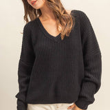 Oversized V Neck Knit Sweater - Black-sweater- Hometown Style HTS, women's in store and online boutique located in Ingersoll, Ontario