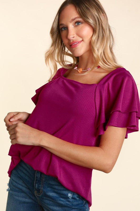 Square Neck, Ruffle Sleeve Blouse - Berry-blouse- Hometown Style HTS, women's in store and online boutique located in Ingersoll, Ontario