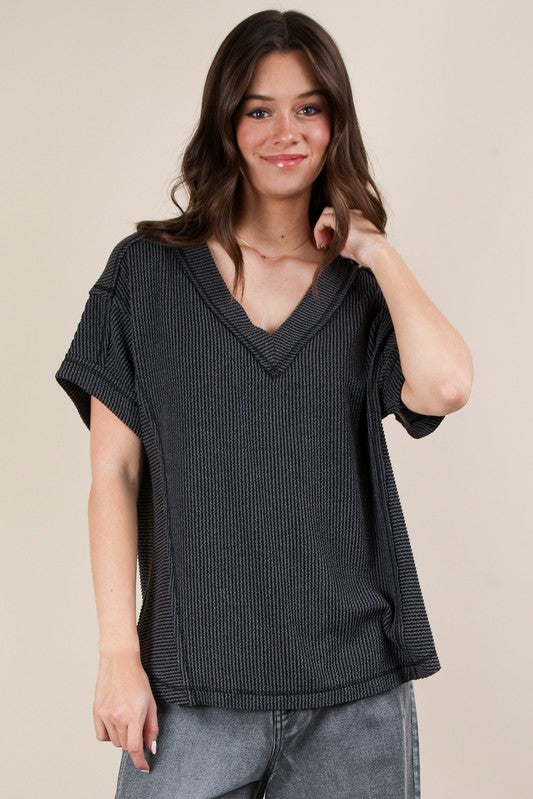 Casual Ribbed Knit Tee - Charcoal-tee- Hometown Style HTS, women's in store and online boutique located in Ingersoll, Ontario