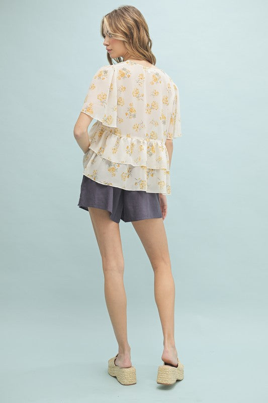Floral Chiffon Tiered Blouse - Golden-blouse- Hometown Style HTS, women's in store and online boutique located in Ingersoll, Ontario