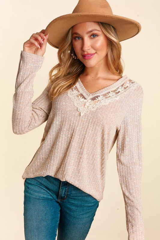 Lace Detail, V Neck Top - Latte-casual shirt- Hometown Style HTS, women's in store and online boutique located in Ingersoll, Ontario