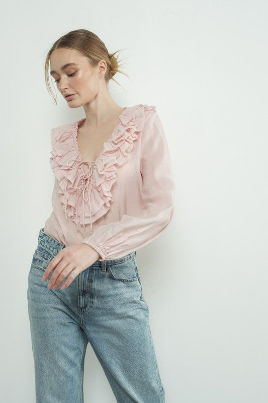 Ruffle Long Sleeve Blouse - Pink- Hometown Style HTS, women's in store and online boutique located in Ingersoll, Ontario