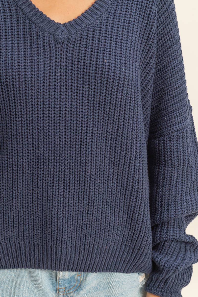 Oversized V Neck Knit Sweater - Midnight Blue-sweater- Hometown Style HTS, women's in store and online boutique located in Ingersoll, Ontario