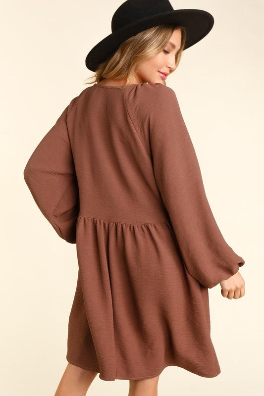 Long Sleeve Babydoll - Brown-Dress- Hometown Style HTS, women's in store and online boutique located in Ingersoll, Ontario