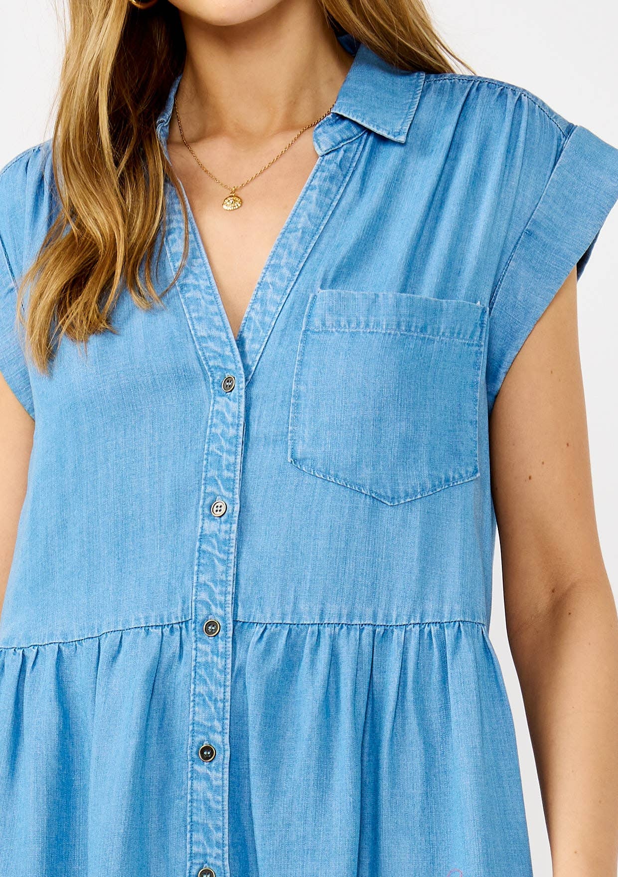Light Wash Tencel Button-Down Mini Dress-dress- Hometown Style HTS, women's in store and online boutique located in Ingersoll, Ontario