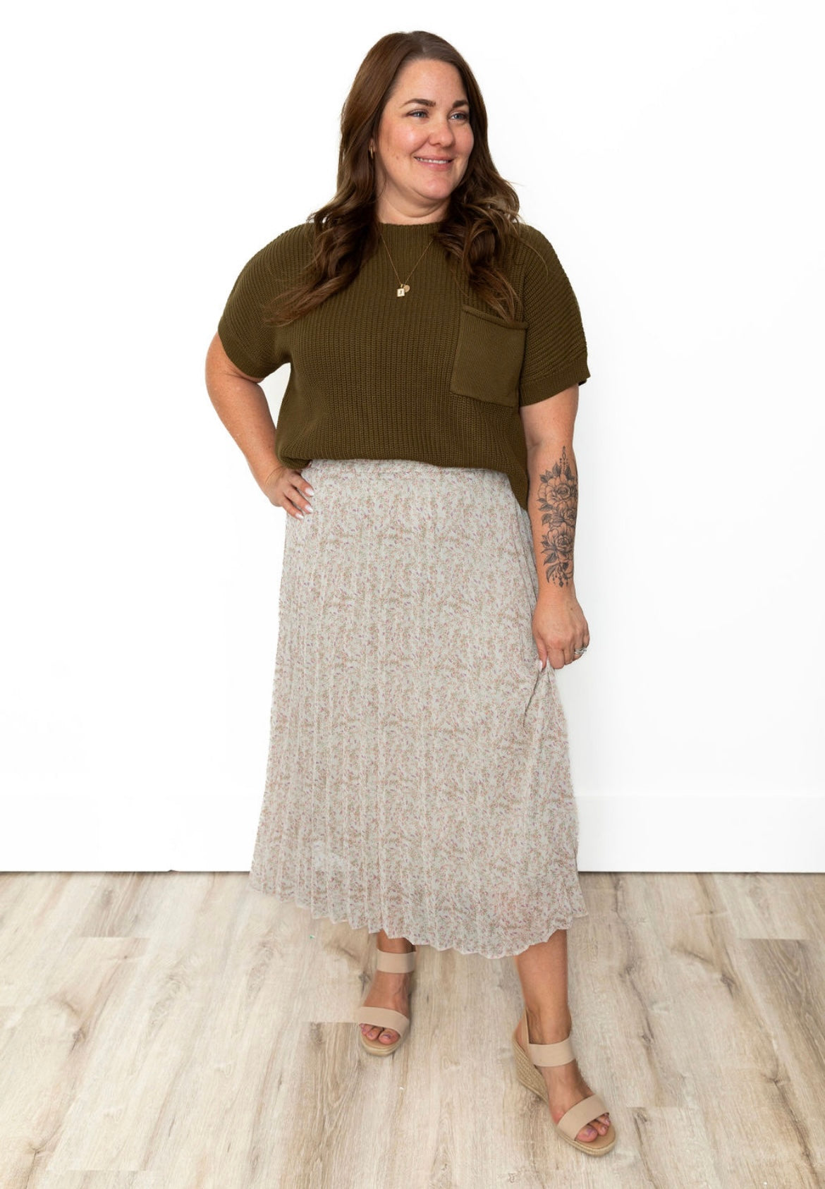 Floral Pleated Midi Skirt - Mint-Skirt- Hometown Style HTS, women's in store and online boutique located in Ingersoll, Ontario