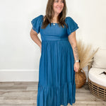 Ruffle Sleeve Maxi Dress - Blue-Dress- Hometown Style HTS, women's in store and online boutique located in Ingersoll, Ontario