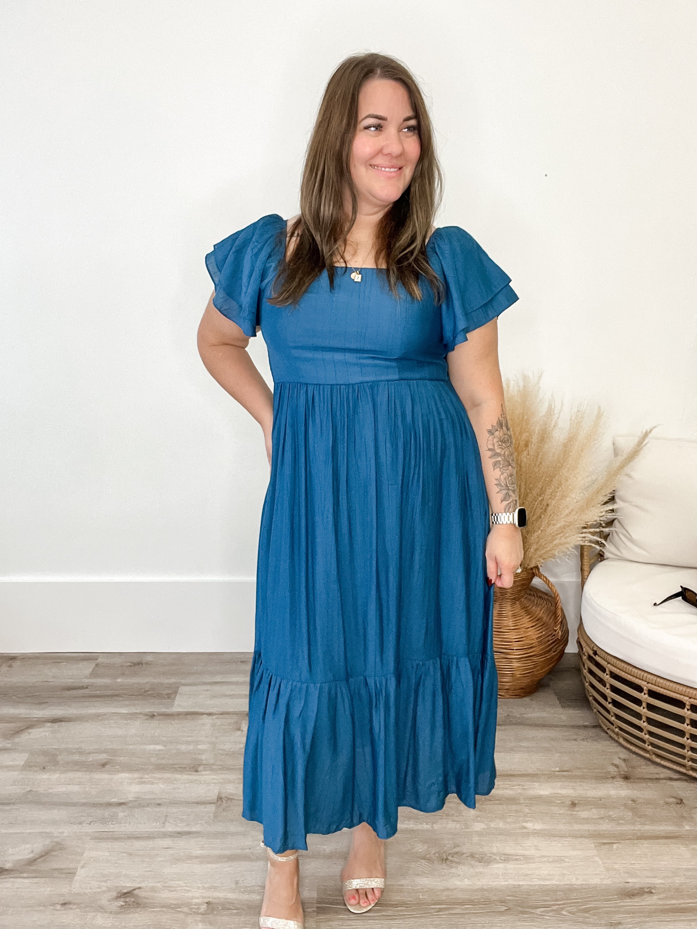 Ruffle Sleeve Maxi Dress - Blue-Dress- Hometown Style HTS, women's in store and online boutique located in Ingersoll, Ontario