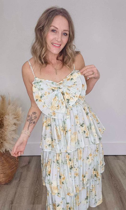 Bow Accent Floral Midi Dress - Sage-Dress- Hometown Style HTS, women's in store and online boutique located in Ingersoll, Ontario