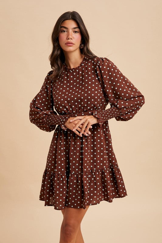 Polka Dot Ruffled Mini Dress - Brown-Special Occasion Dresses- Hometown Style HTS, women's in store and online boutique located in Ingersoll, Ontario