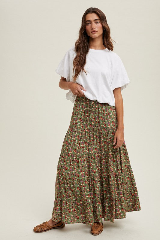 Tiered Floral Maxi Skirt - Green-skirt- Hometown Style HTS, women's in store and online boutique located in Ingersoll, Ontario