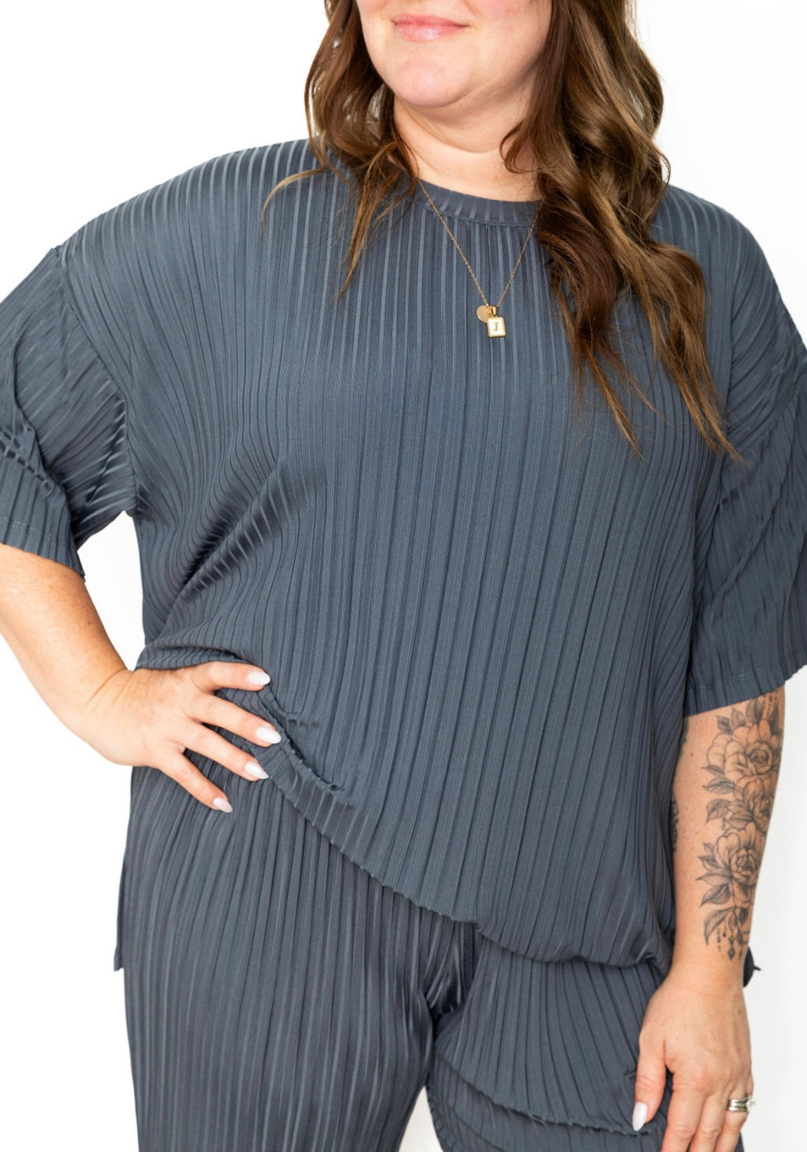 Pleated Tee & Pants - Charcoal-set- Hometown Style HTS, women's in store and online boutique located in Ingersoll, Ontario