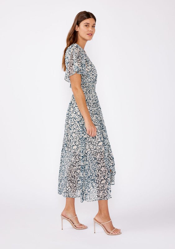 Floral Chiffon V Neck Midi Dress - Blue-Dress- Hometown Style HTS, women's in store and online boutique located in Ingersoll, Ontario