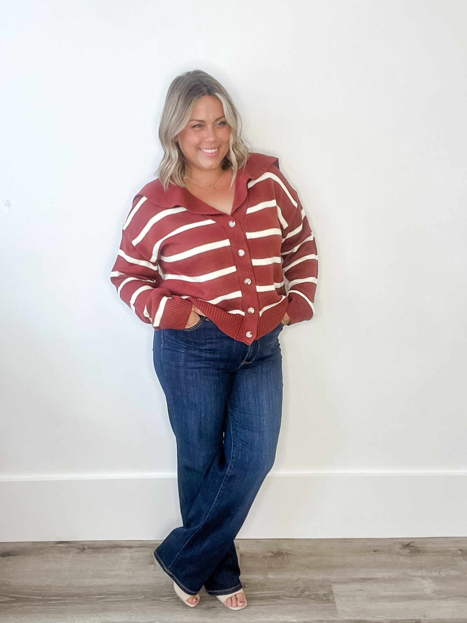 Striped Sailor Collar Cardigan - Rust-Sweaters and Cardigans- Hometown Style HTS, women's in store and online boutique located in Ingersoll, Ontario