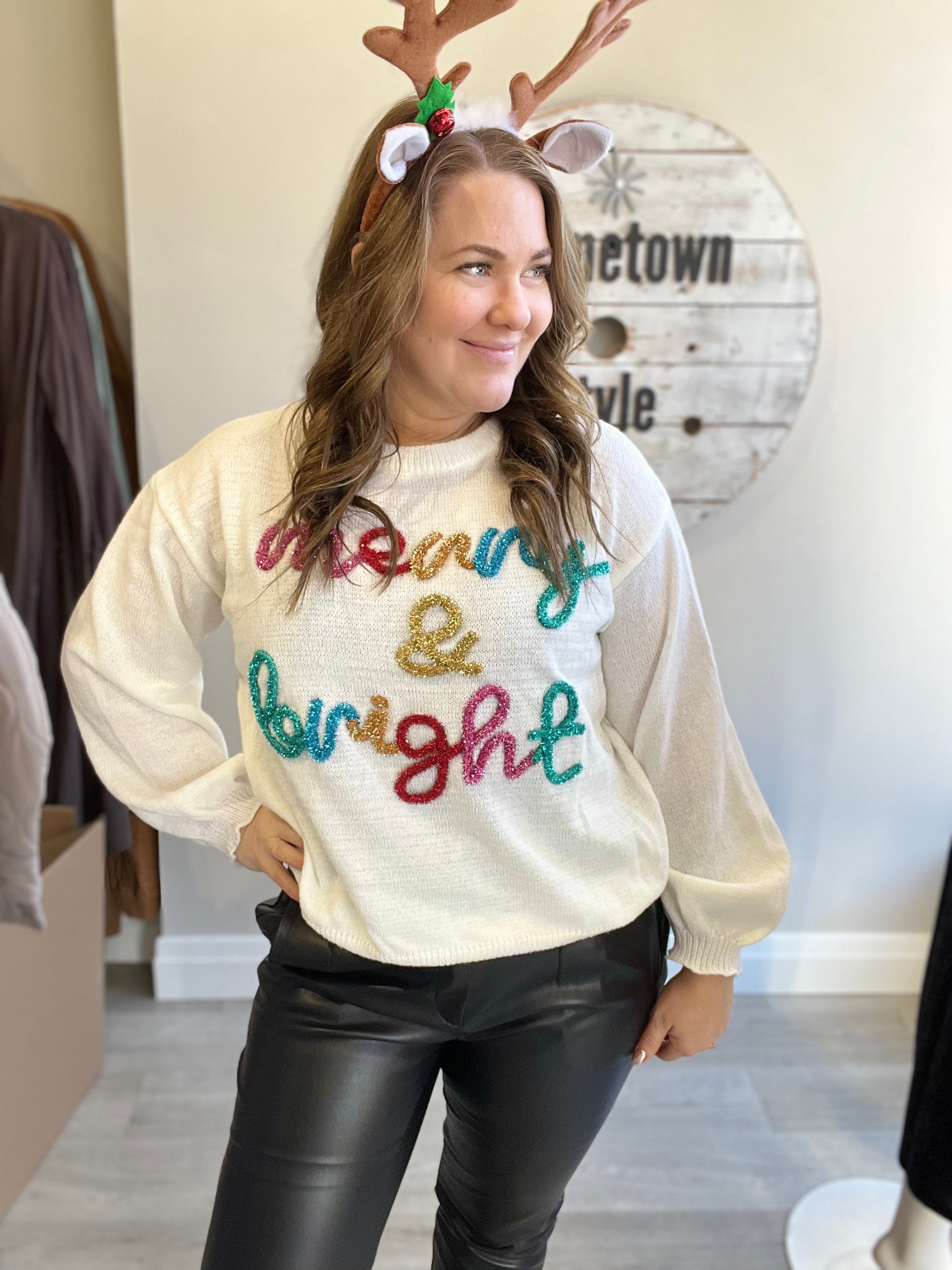 Merry & Bright Tinsel Lettering - White/Multi-Sweater- Hometown Style HTS, women's in store and online boutique located in Ingersoll, Ontario