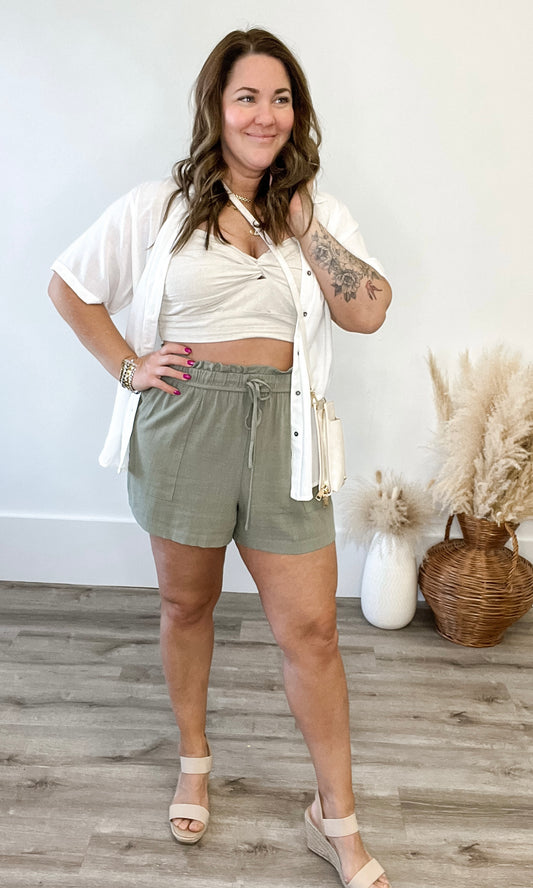 Linen Shorts - Sage - EX-Shorts- Hometown Style HTS, women's in store and online boutique located in Ingersoll, Ontario