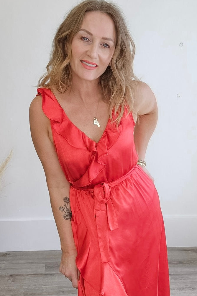 Ruffled Satin Wrap Maxi Dress - Coral Red-Dresses- Hometown Style HTS, women's in store and online boutique located in Ingersoll, Ontario