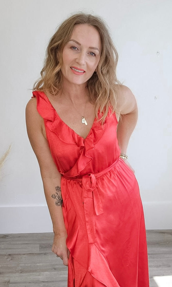 Ruffled Satin Wrap Maxi Dress - Coral Red-Dresses- Hometown Style HTS, women's in store and online boutique located in Ingersoll, Ontario