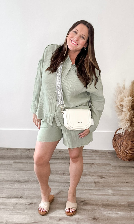 Cotton Shirt & Shorts Set - Sage-set- Hometown Style HTS, women's in store and online boutique located in Ingersoll, Ontario