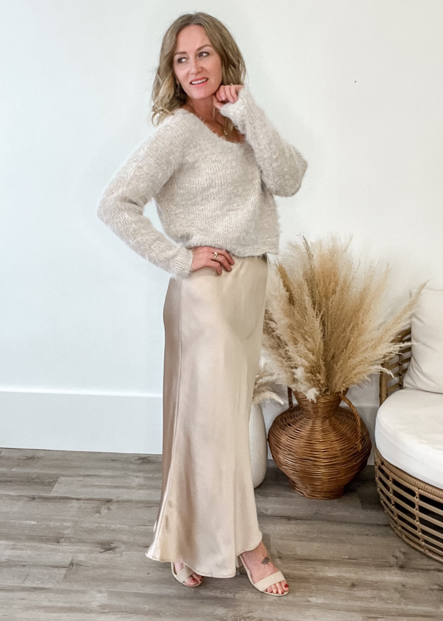 Satin Midi Skirt - Champagne- Hometown Style HTS, women's in store and online boutique located in Ingersoll, Ontario