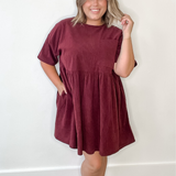 Corduroy Mini Dress - Burgundy-Dress- Hometown Style HTS, women's in store and online boutique located in Ingersoll, Ontario