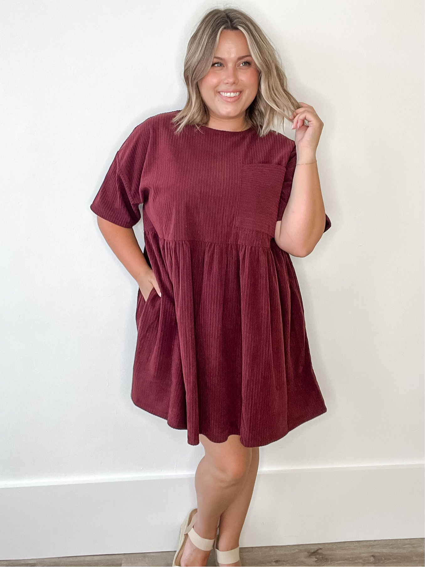 Corduroy Mini Dress - Burgundy-Dress- Hometown Style HTS, women's in store and online boutique located in Ingersoll, Ontario