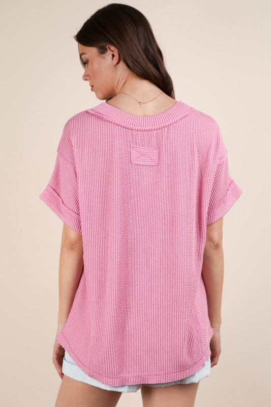 Casual Ribbed Knit Tee - Pink-tee- Hometown Style HTS, women's in store and online boutique located in Ingersoll, Ontario