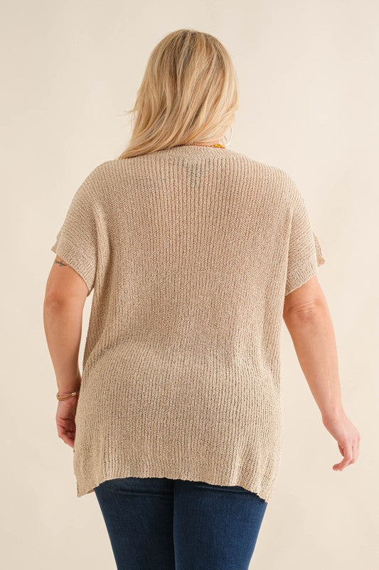 Light Knit, Short Sleeve Top - Oatmeal - EX-Sweater- Hometown Style HTS, women's in store and online boutique located in Ingersoll, Ontario