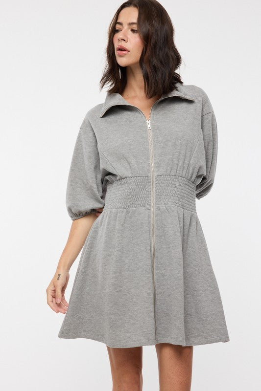 Puff Sleeve Knit Mini Dress - Grey-Casual Dresses- Hometown Style HTS, women's in store and online boutique located in Ingersoll, Ontario