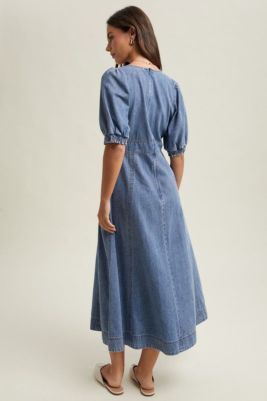 Denim Puff Sleeve Midi Dress-Casual Dresses- Hometown Style HTS, women's in store and online boutique located in Ingersoll, Ontario