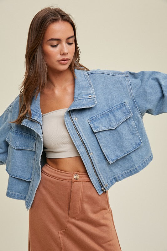 Cropped Bomber Denim Jacket-jacket- Hometown Style HTS, women's in store and online boutique located in Ingersoll, Ontario