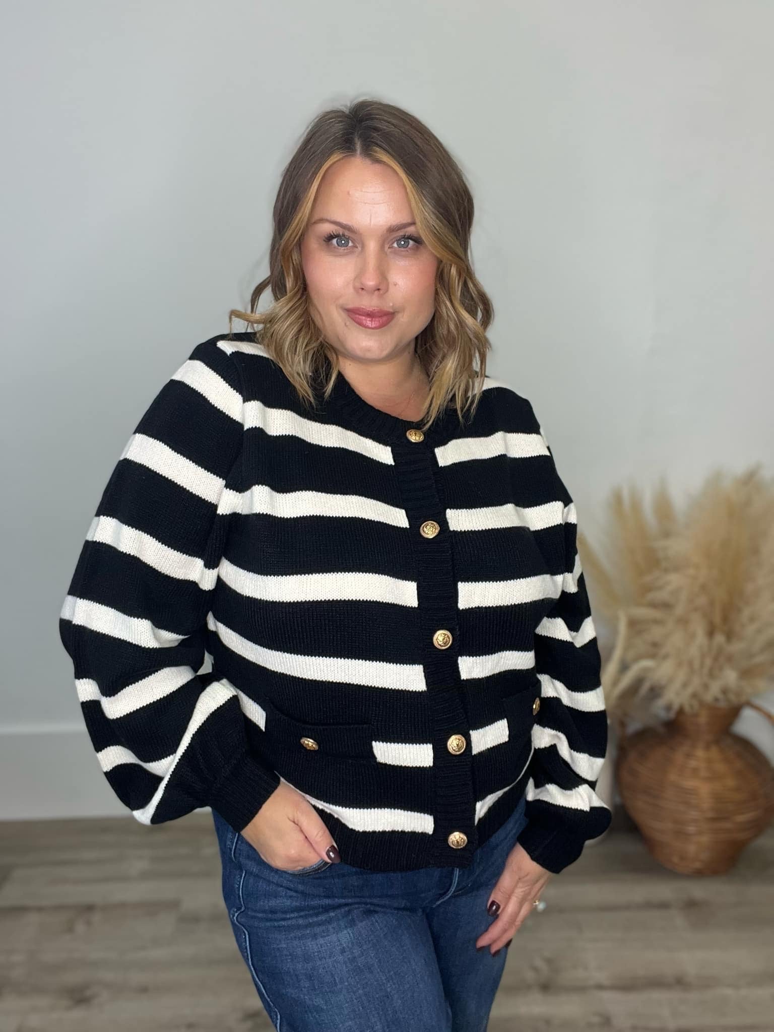 Striped Cardigan - Black-Sweater- Hometown Style HTS, women's in store and online boutique located in Ingersoll, Ontario