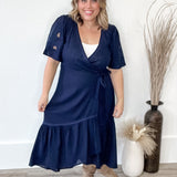 Embroidered Wrap Midi Dress - Navy-dress- Hometown Style HTS, women's in store and online boutique located in Ingersoll, Ontario