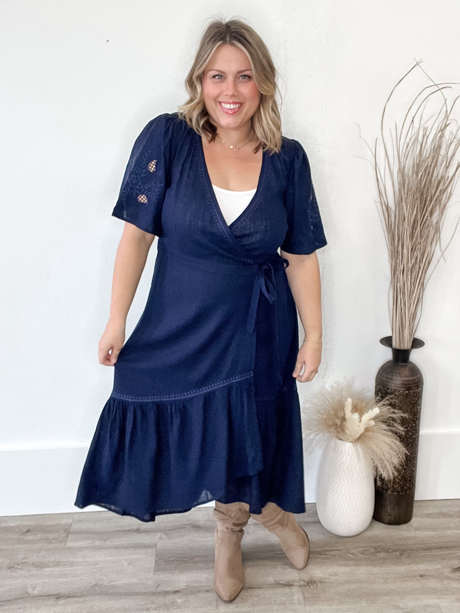 Embroidered Wrap Midi Dress - Navy-dress- Hometown Style HTS, women's in store and online boutique located in Ingersoll, Ontario