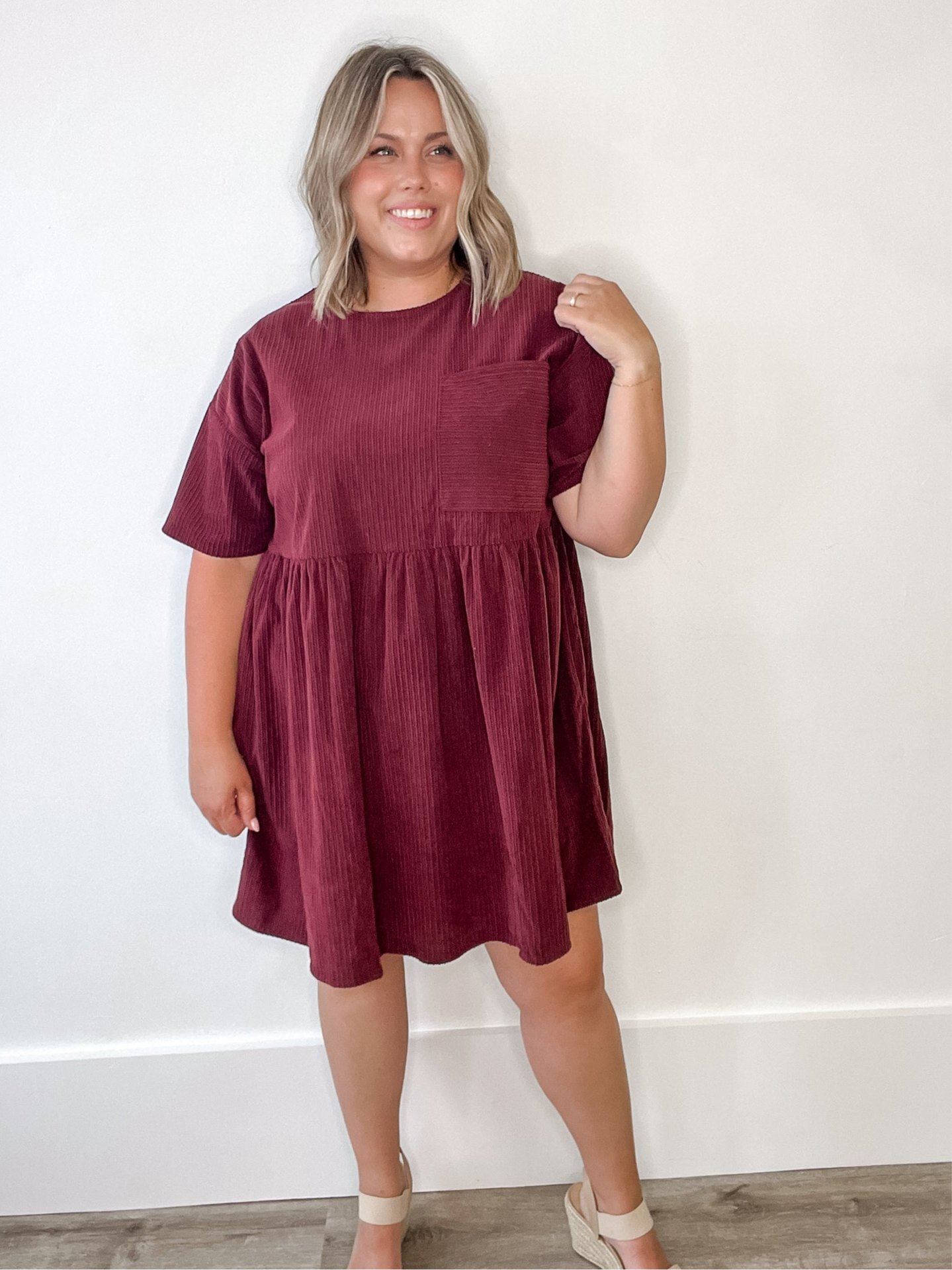 Corduroy Mini Dress - Burgundy-Dress- Hometown Style HTS, women's in store and online boutique located in Ingersoll, Ontario