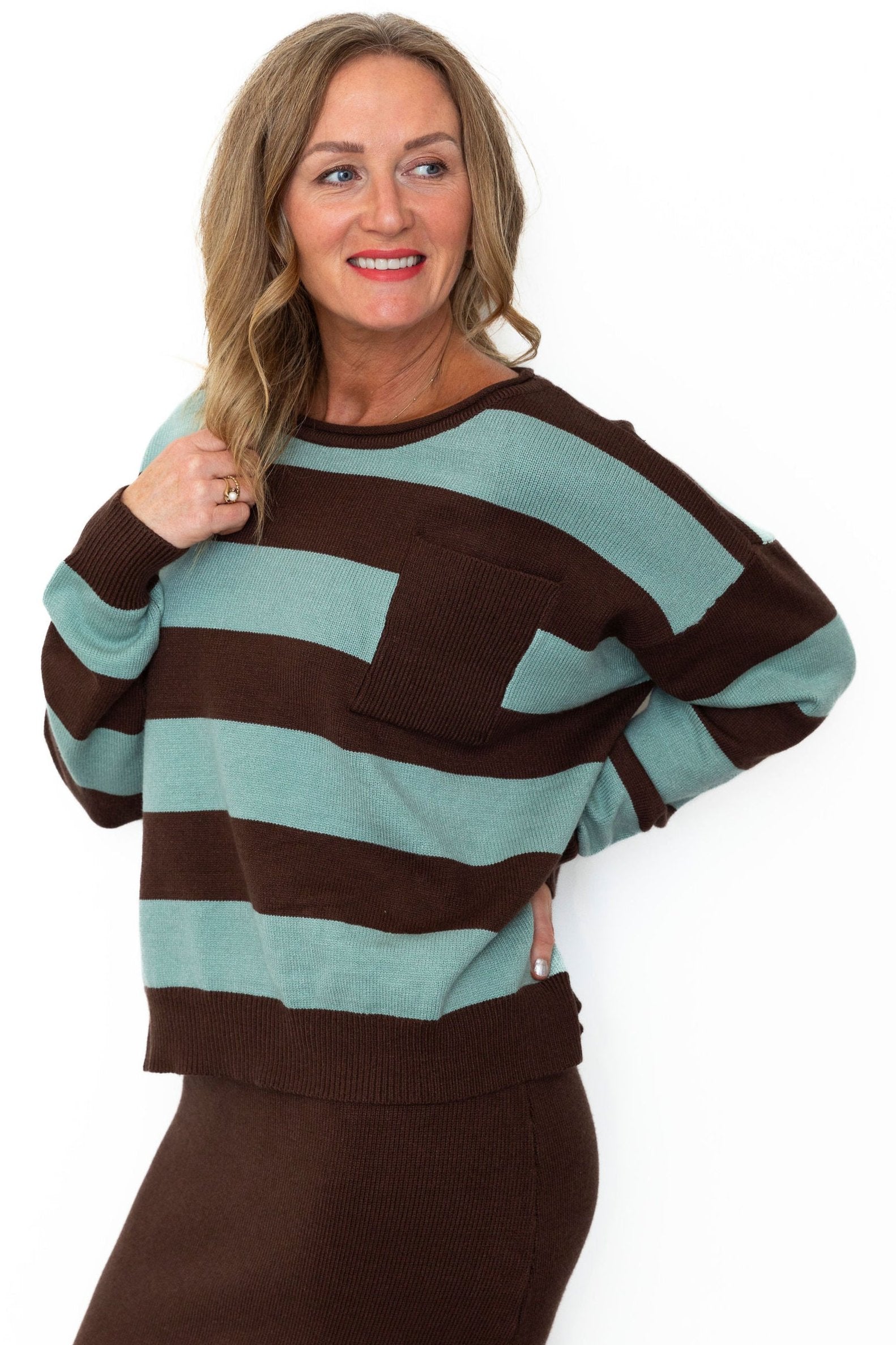 Striped Sweater & Knit Pencil Skirt - Mocha-set- Hometown Style HTS, women's in store and online boutique located in Ingersoll, Ontario