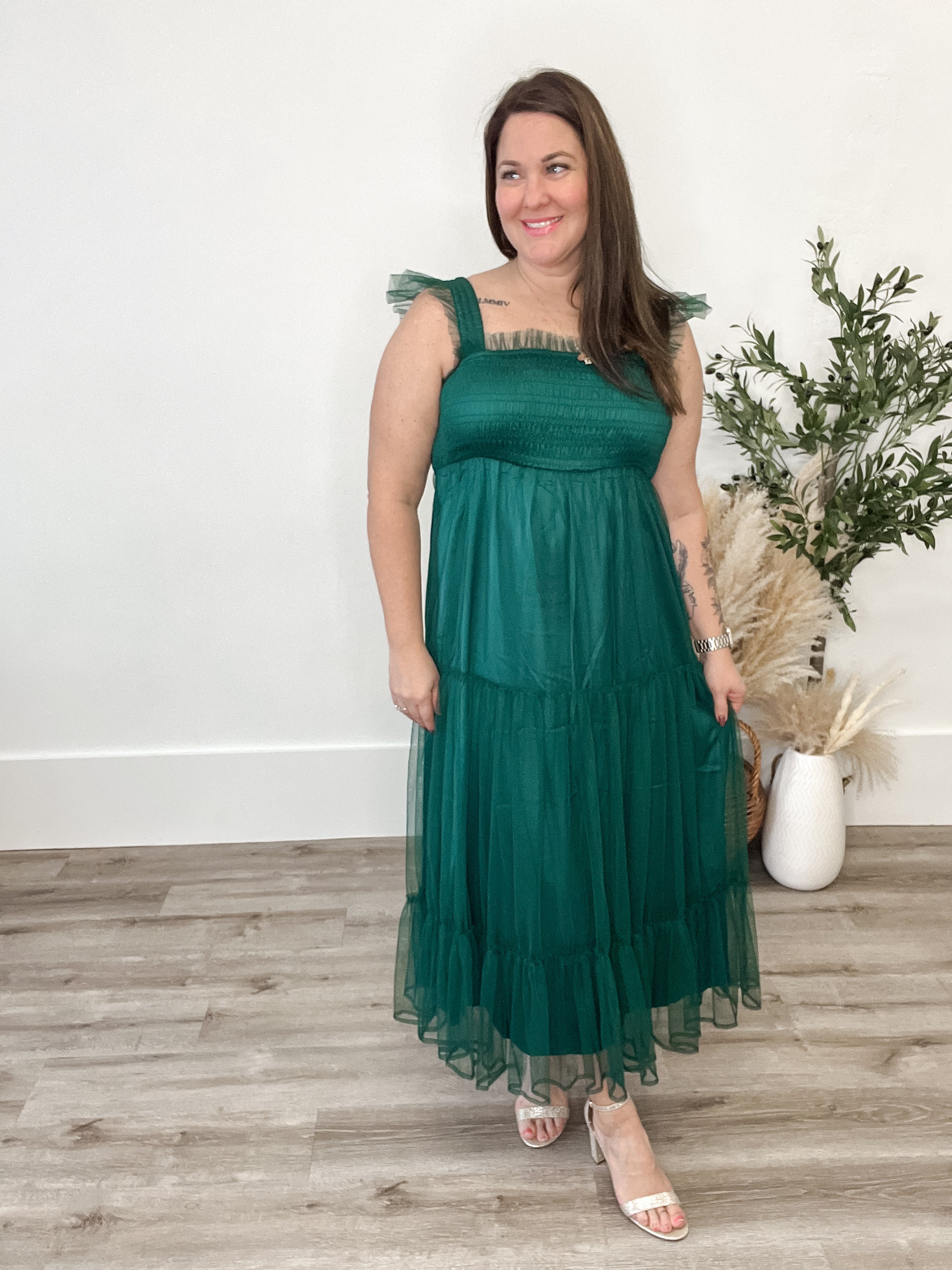 Organza Tiered Midi Dress - Teal Green-dress- Hometown Style HTS, women's in store and online boutique located in Ingersoll, Ontario