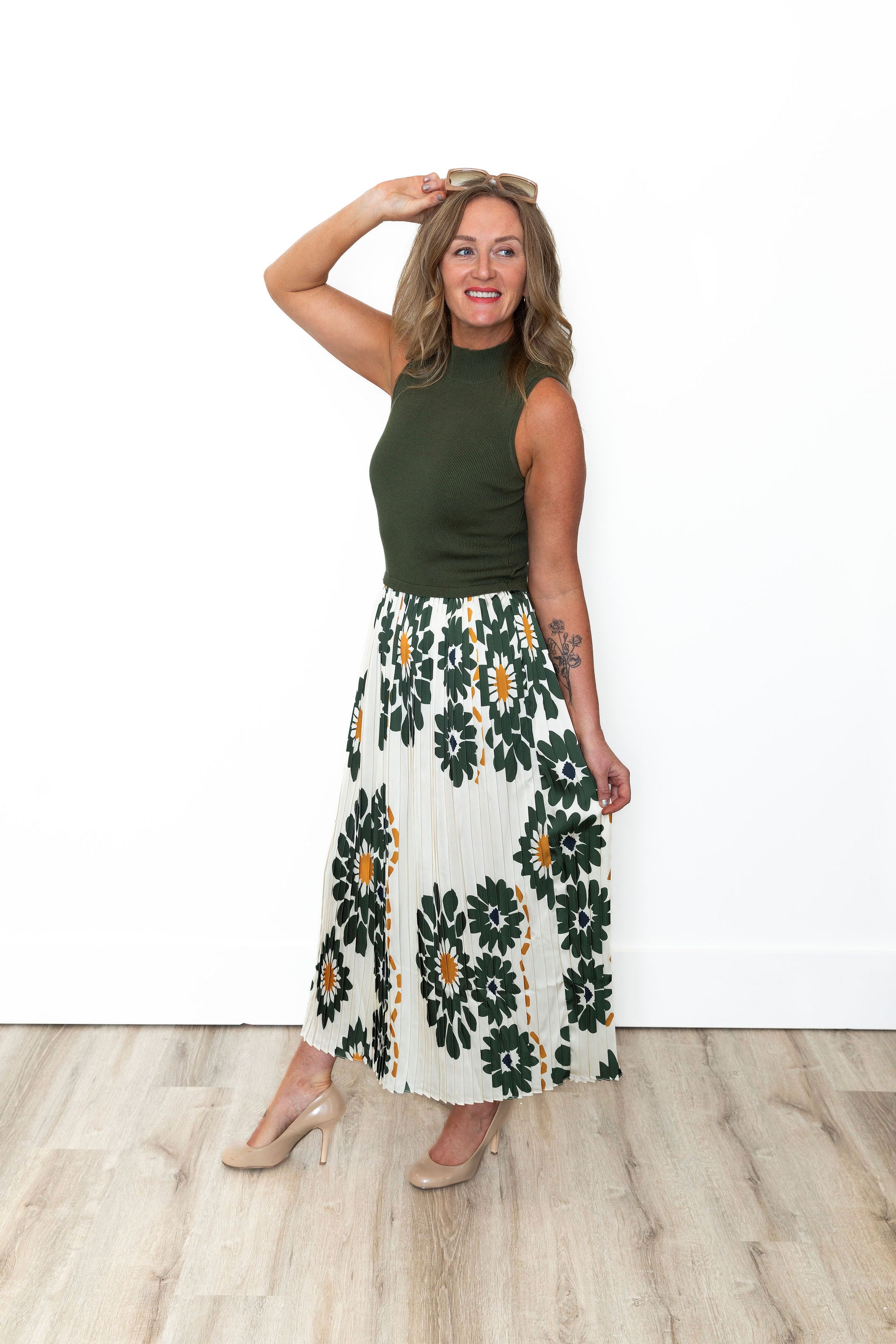 Sleeveless Pleated Maxi Dress - Olive-Dress- Hometown Style HTS, women's in store and online boutique located in Ingersoll, Ontario