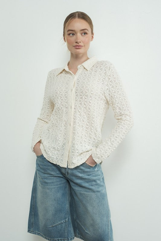 Floral Lace Button Up - Cream-Tops- Hometown Style HTS, women's in store and online boutique located in Ingersoll, Ontario