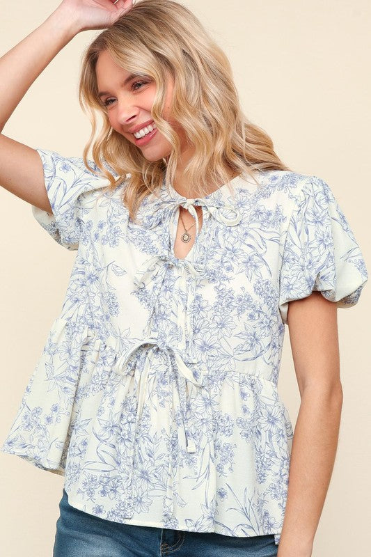 Front Ribbon Tie Blouse - Blue Floral-tops- Hometown Style HTS, women's in store and online boutique located in Ingersoll, Ontario