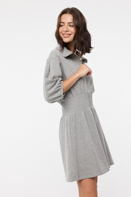 Puff Sleeve Knit Mini Dress - Grey-Casual Dresses- Hometown Style HTS, women's in store and online boutique located in Ingersoll, Ontario