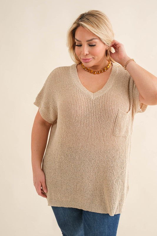 Light Knit, Short Sleeve Top - Oatmeal - EX-Sweater- Hometown Style HTS, women's in store and online boutique located in Ingersoll, Ontario