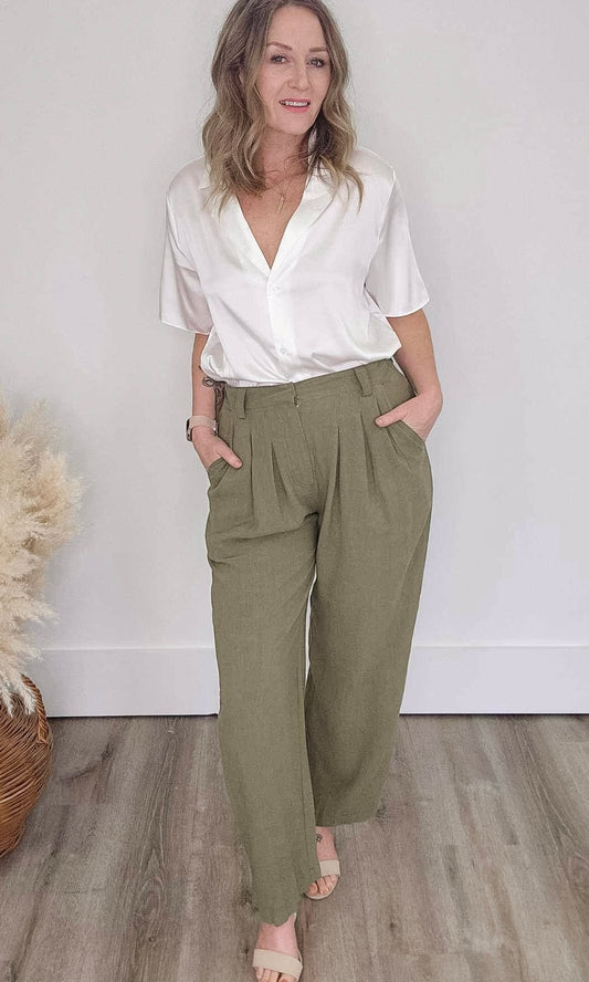 Pleated Linen Pants - Olive-Pants- Hometown Style HTS, women's in store and online boutique located in Ingersoll, Ontario