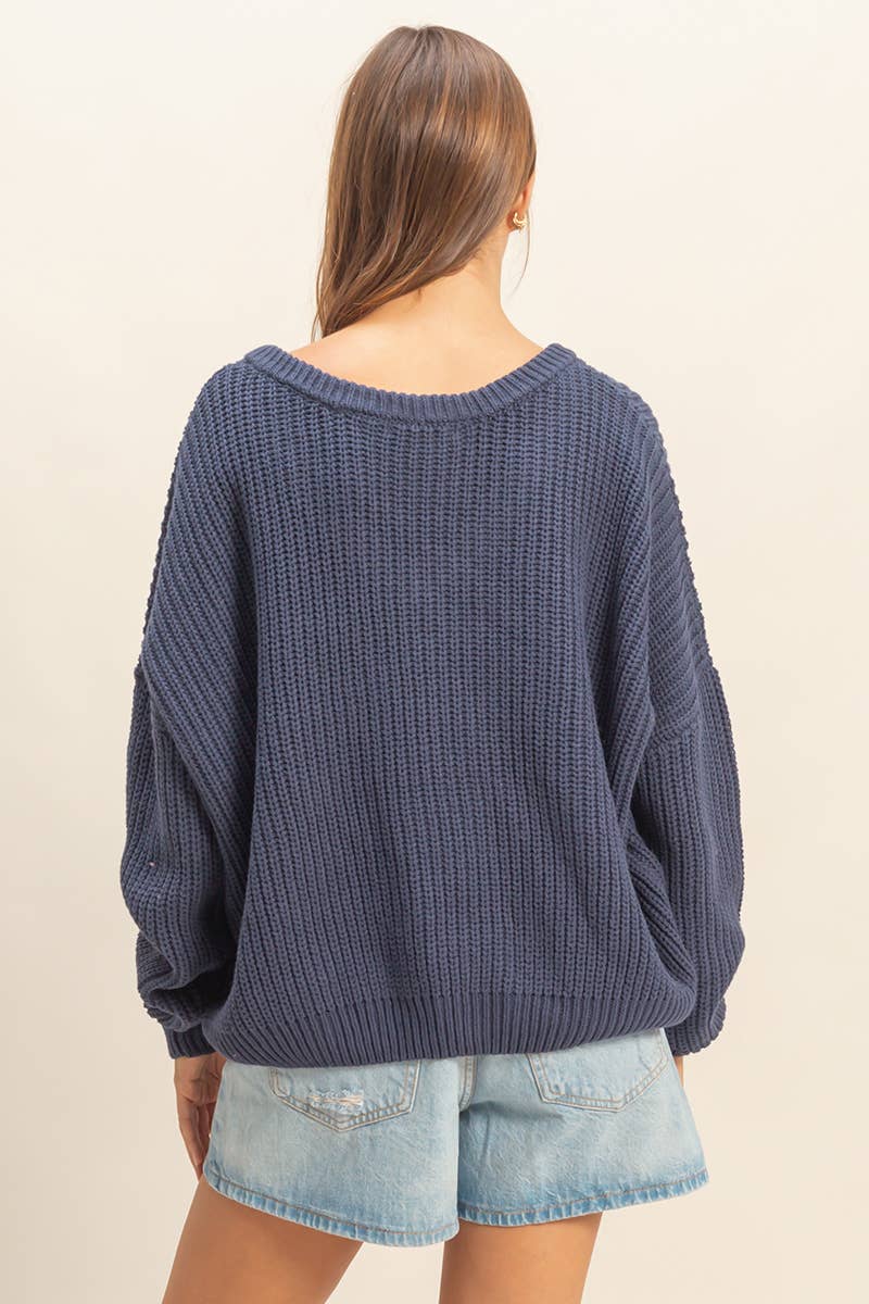 Oversized V Neck Knit Sweater - Midnight Blue-sweater- Hometown Style HTS, women's in store and online boutique located in Ingersoll, Ontario