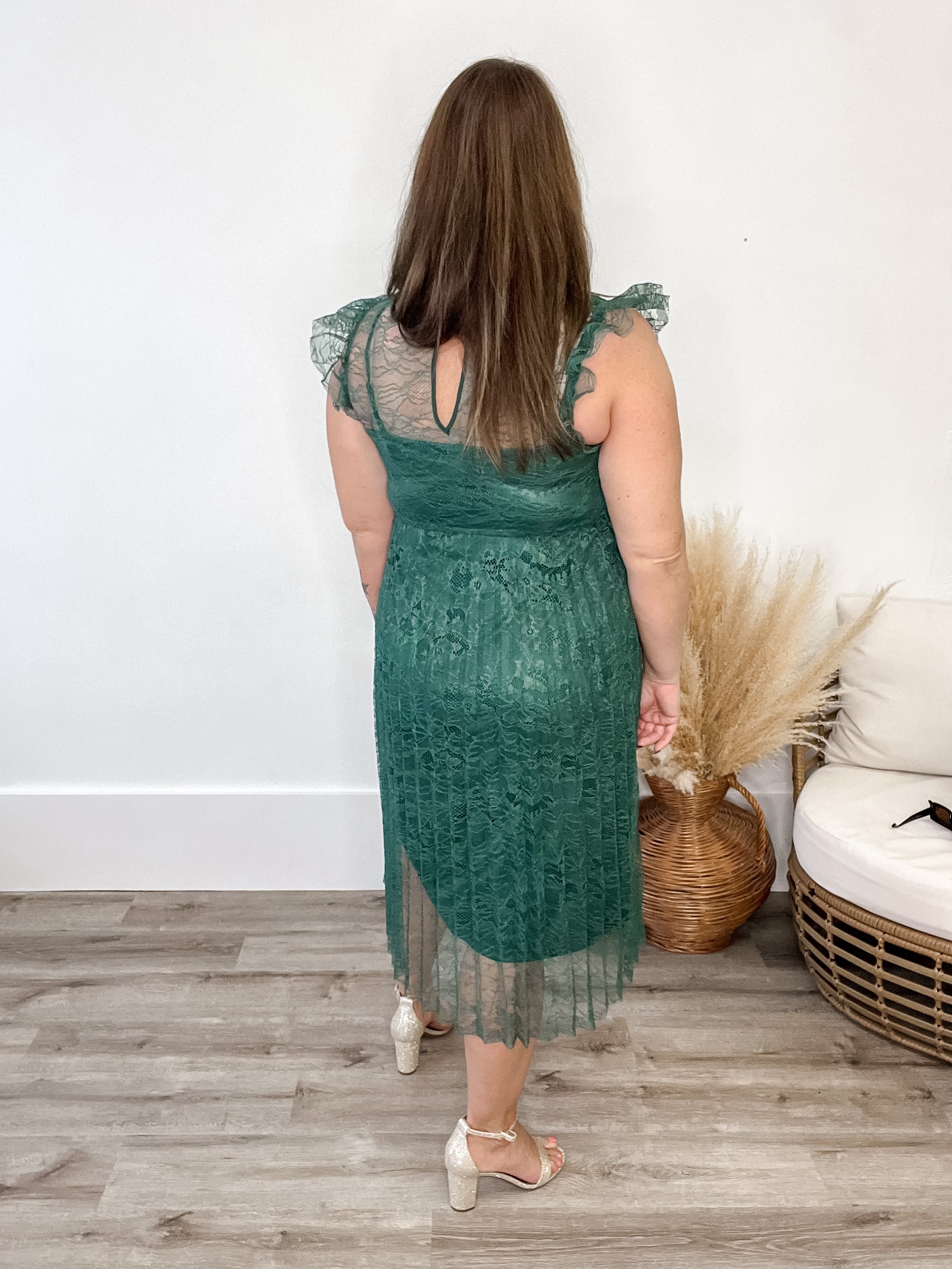 Floral Lace Pleated Midi Dress - Forest-dress- Hometown Style HTS, women's in store and online boutique located in Ingersoll, Ontario