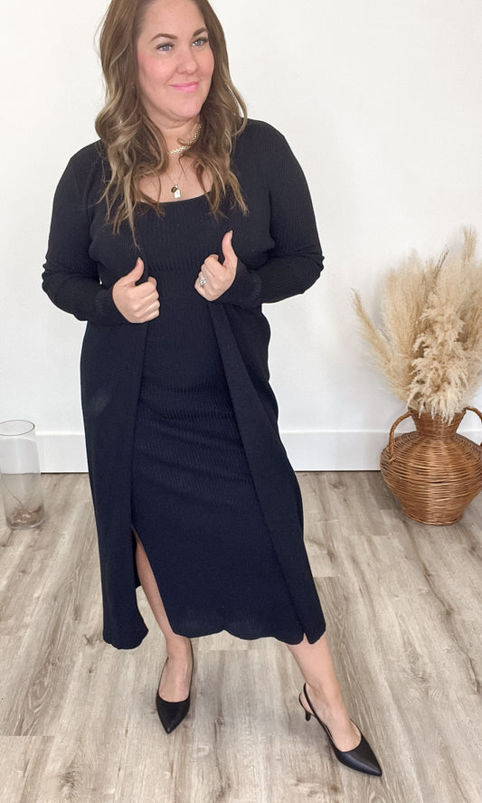 Ribbed Bodycon Dress and Longline Cardi Set - Black-Dress- Hometown Style HTS, women's in store and online boutique located in Ingersoll, Ontario