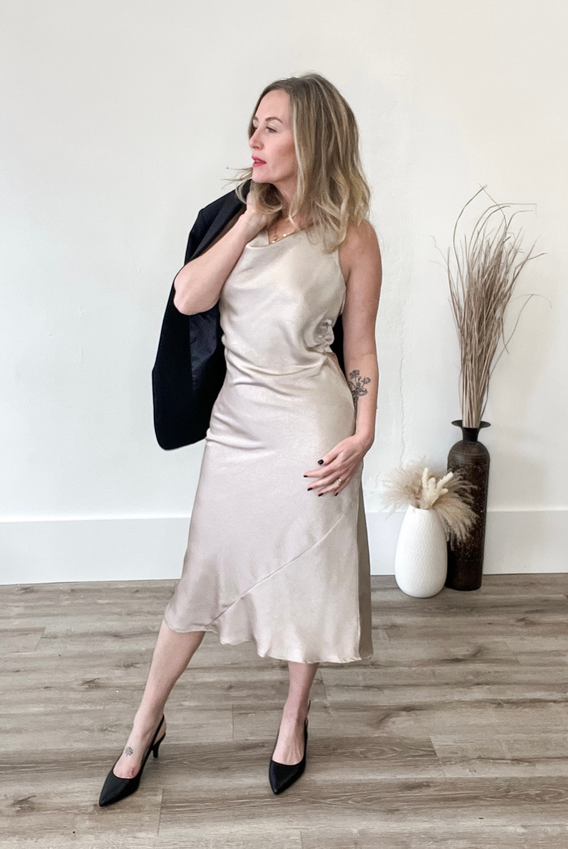 Cowl Satin Midi Dress - Champagne-dress- Hometown Style HTS, women's in store and online boutique located in Ingersoll, Ontario