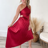 One Shoulder Pleated Dress - Wine-Dress- Hometown Style HTS, women's in store and online boutique located in Ingersoll, Ontario