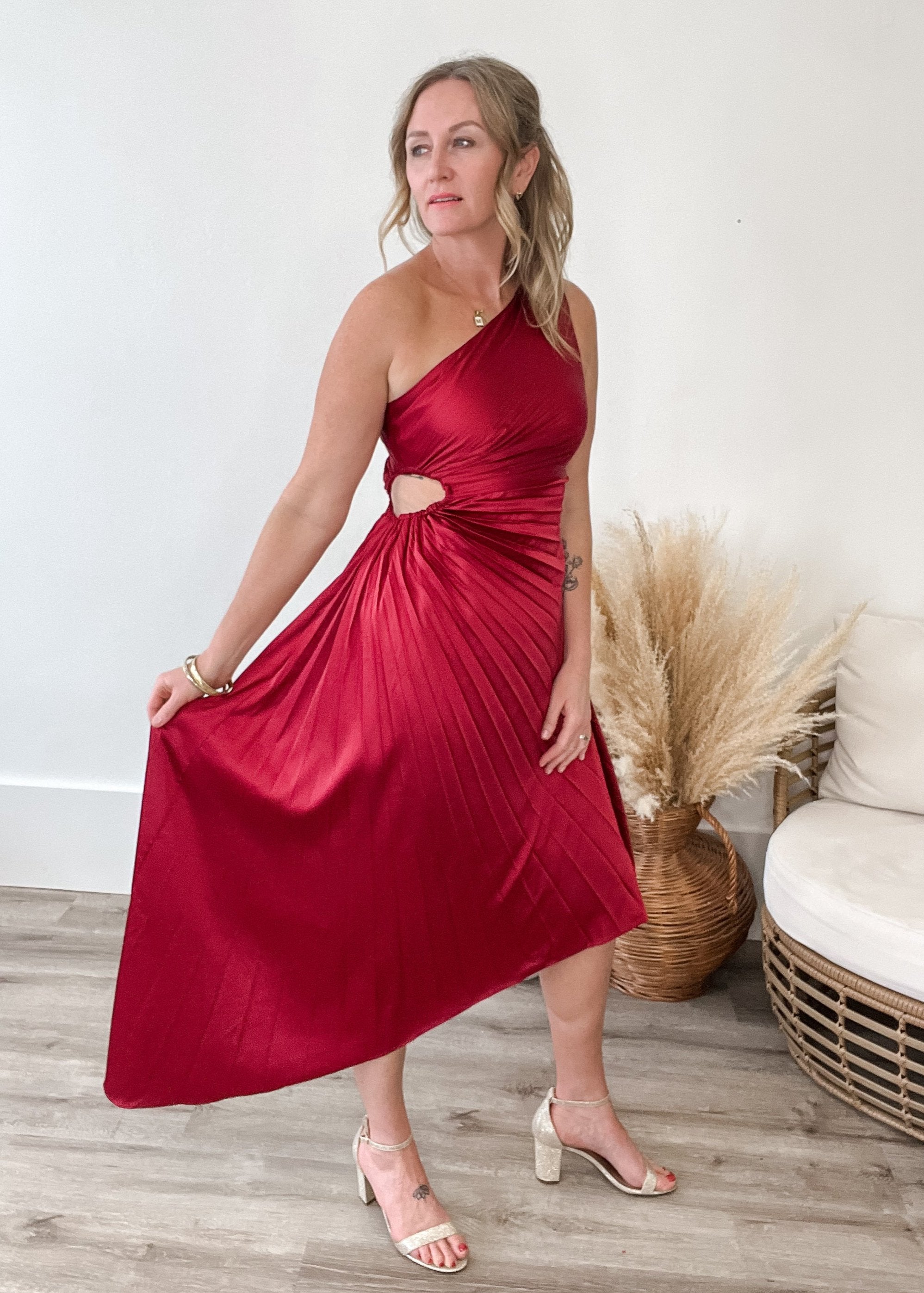 One Shoulder Pleated Dress - Wine-Dress- Hometown Style HTS, women's in store and online boutique located in Ingersoll, Ontario