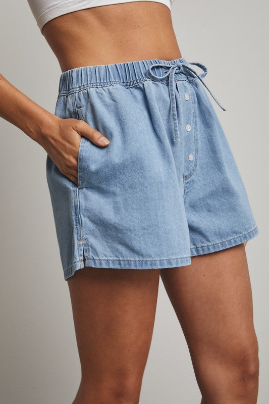 Denim Drawstring Shorts-Shorts- Hometown Style HTS, women's in store and online boutique located in Ingersoll, Ontario